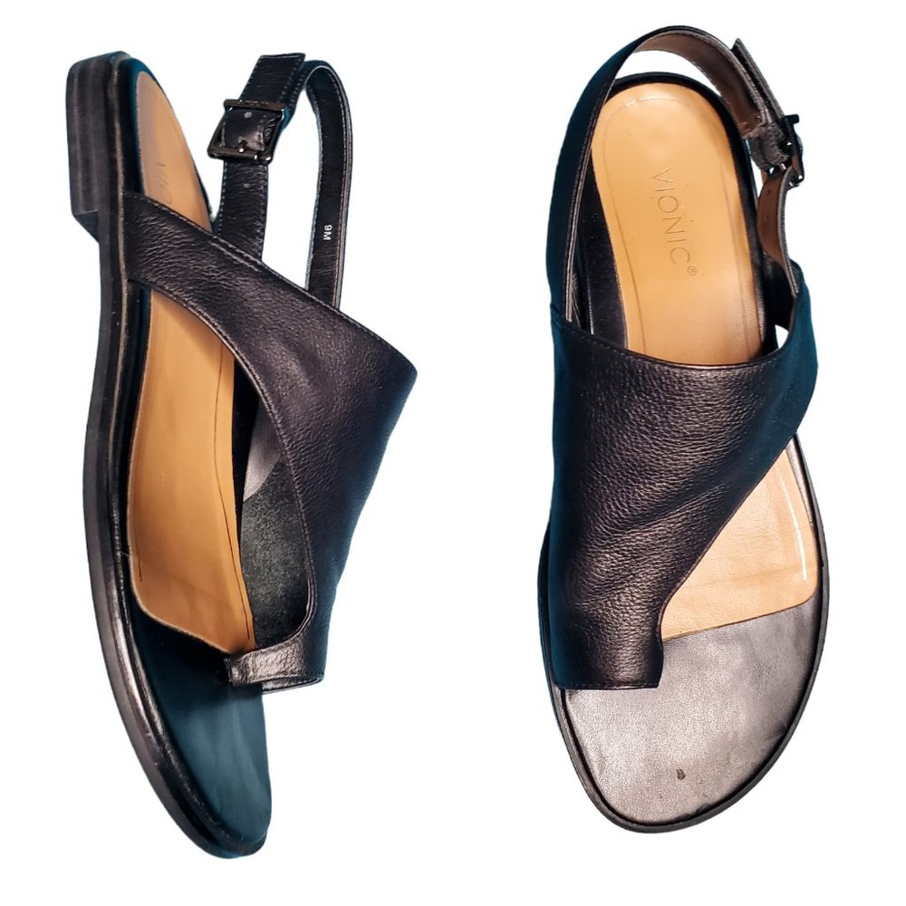 Vionic Black Leather Cross-Strap Slingback Sandals